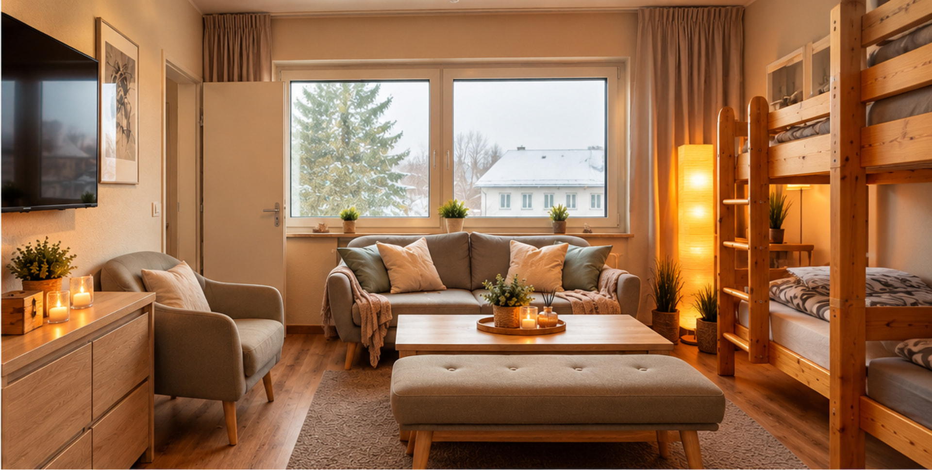 Loft 14 Wohnbereich mit Sofa, Couchtisch und Etagenbetten am Fenster