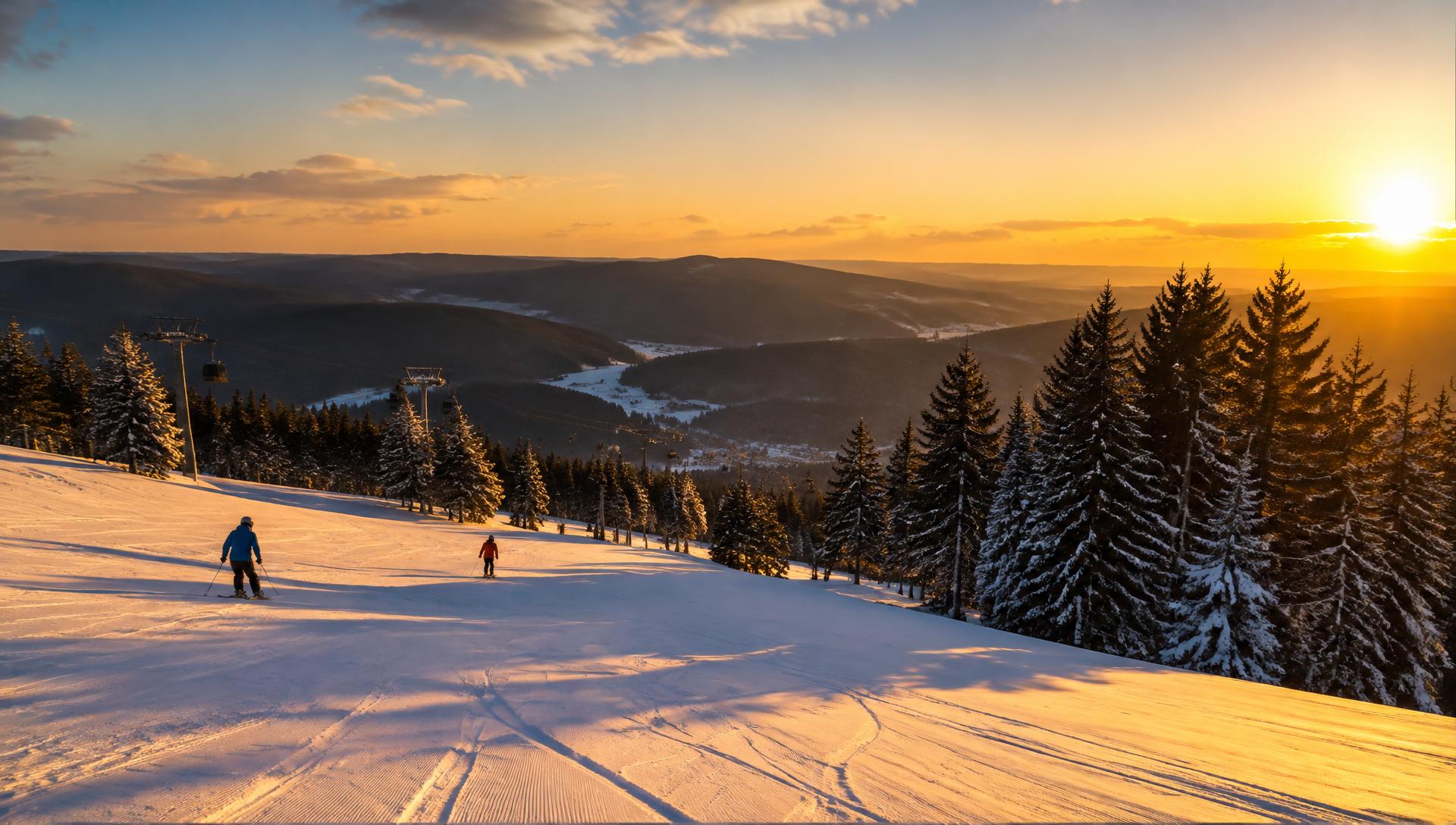 Goldener Sonnenuntergang über einer verschneiten Piste und winterlichen Wäldern
