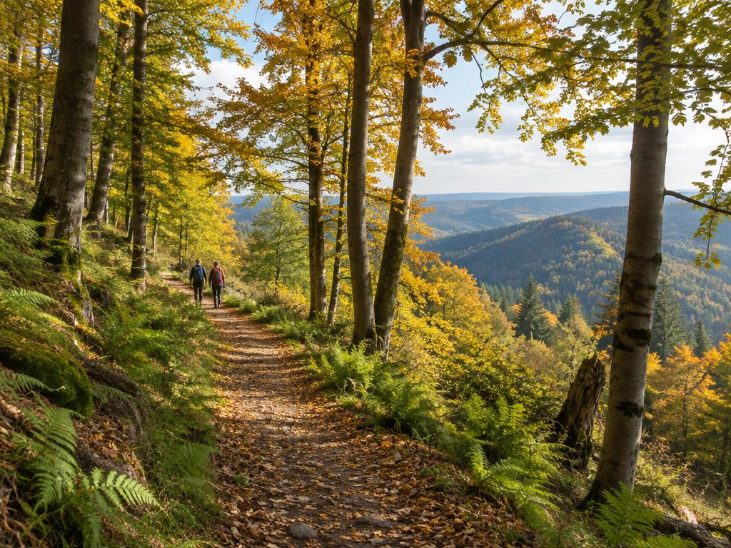 Wanderer auf einem sonnigen Waldweg mit goldenem Herbstlaub und weitem Talblick