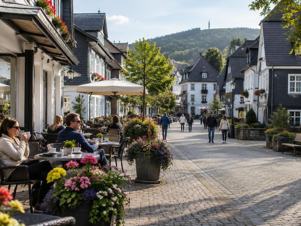 Einladende Stadtgasse mit Straßencafés, blühenden Blumen und Schieferhäusern
